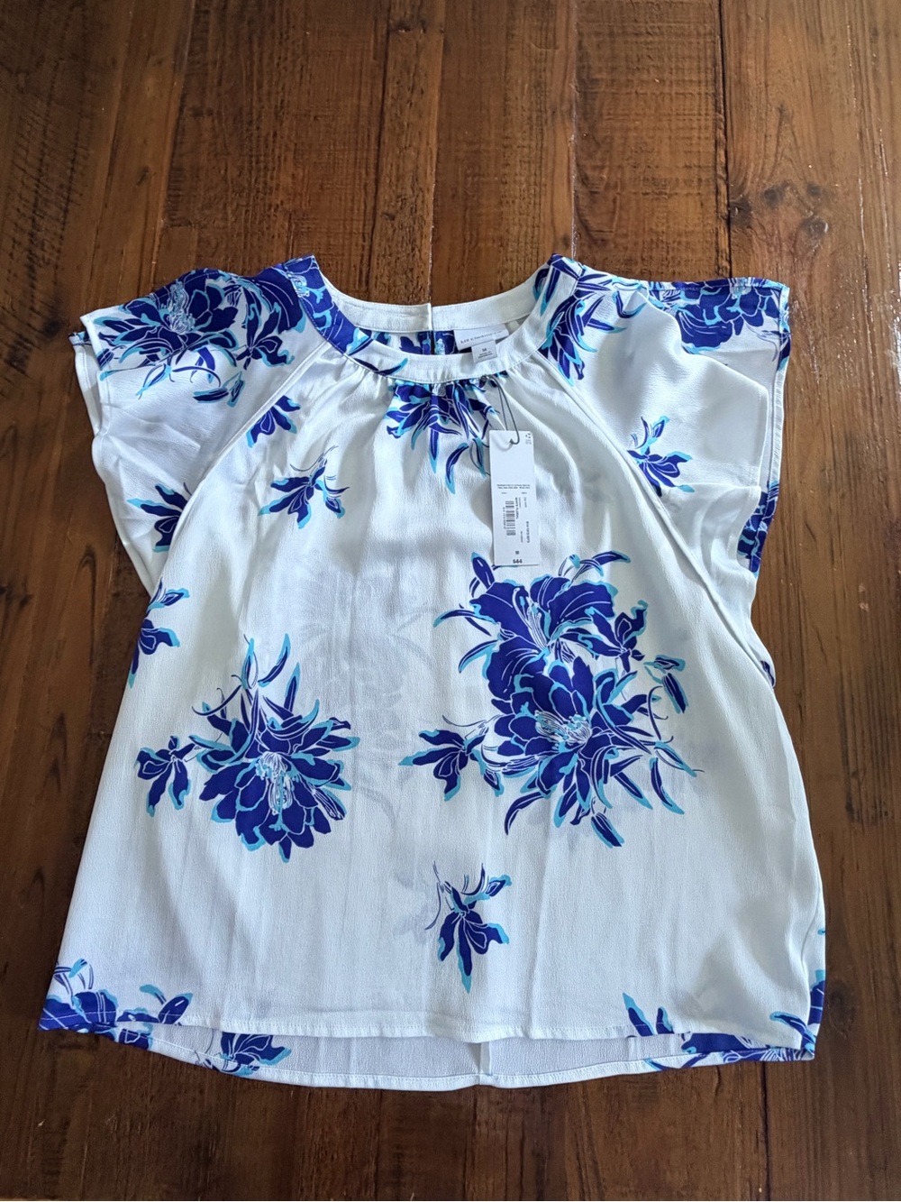 Liz Claiborne White Blouse with Blue Floral Pattern